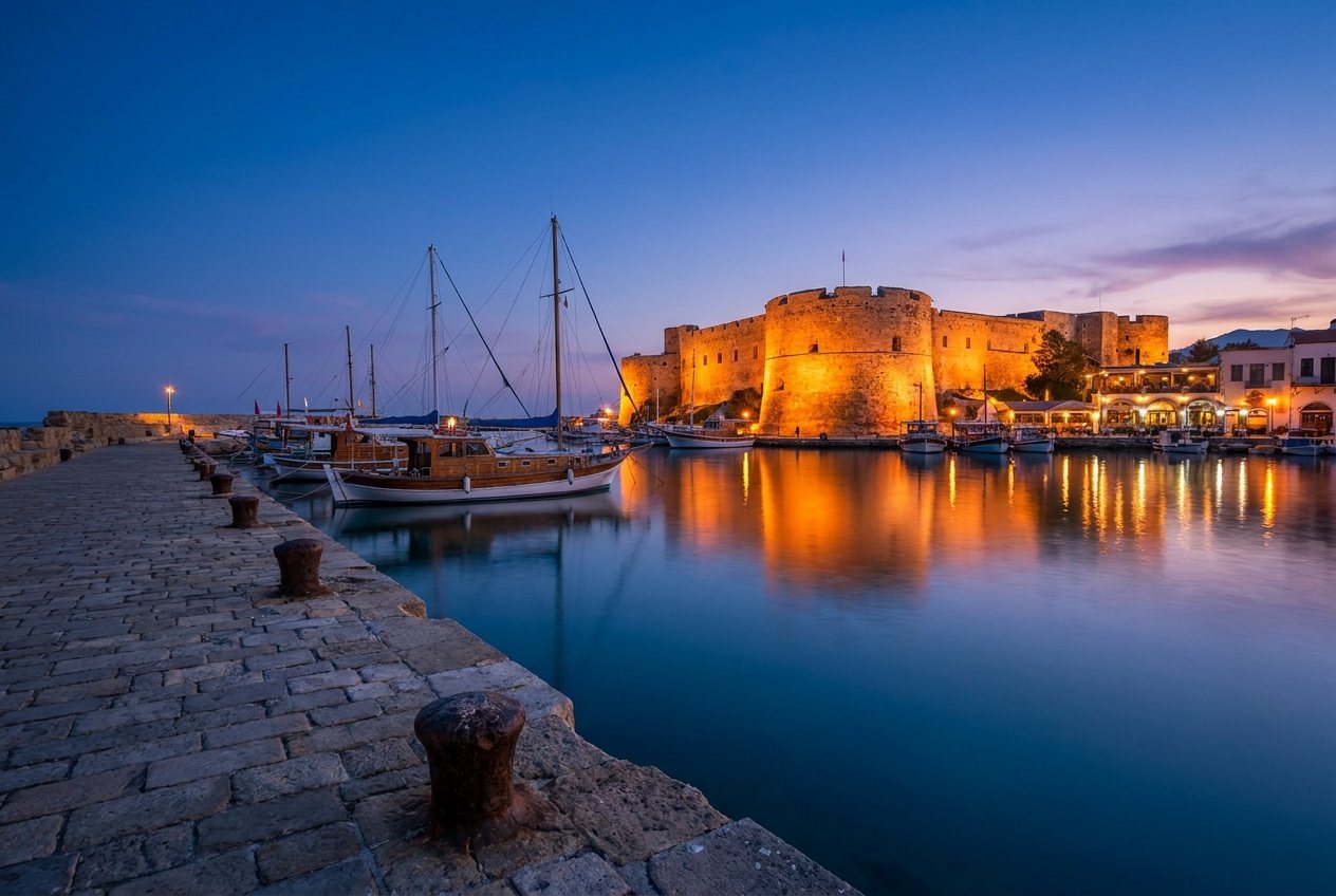 Akşam saatlerinde Girne limanı ve kalesi
