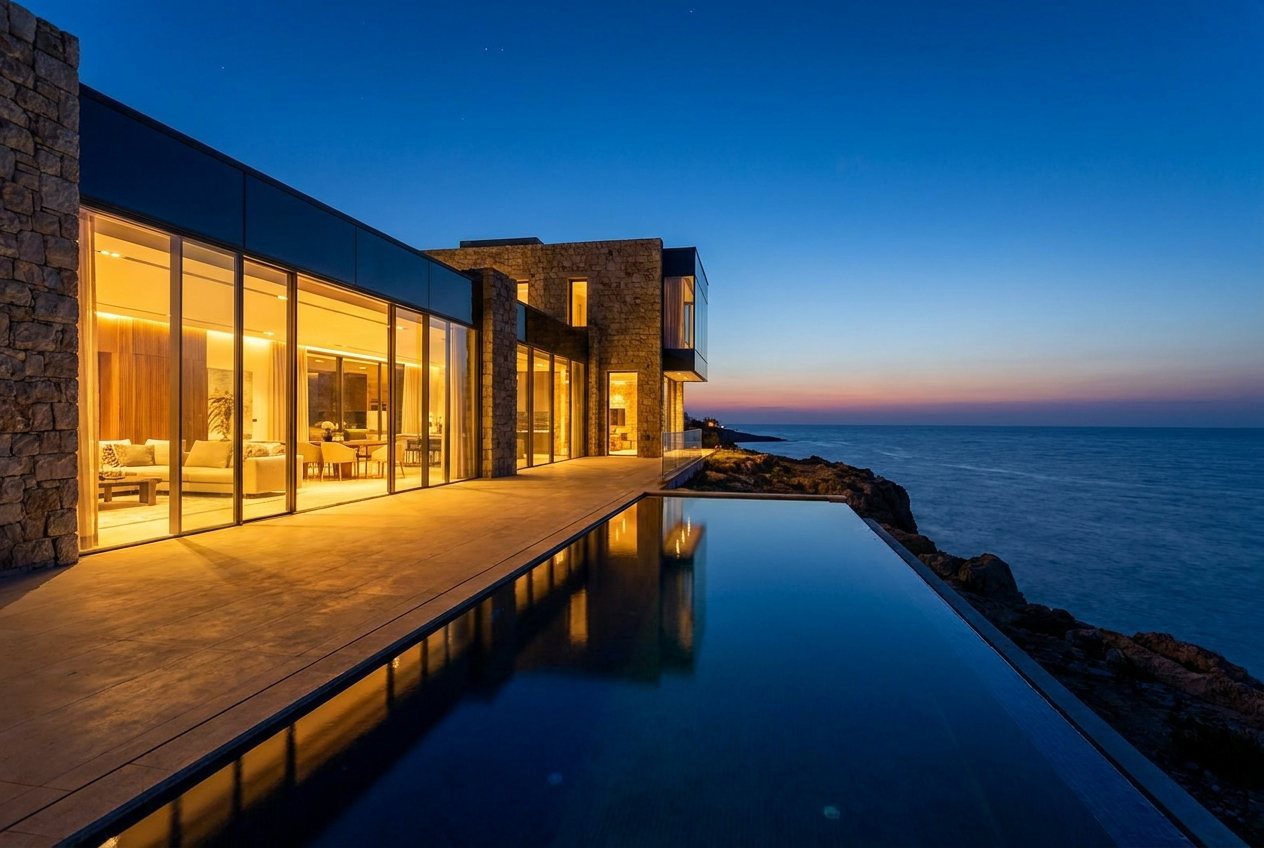 Girne'de denize bakan, sonsuzluk havuzlu satılık taş villa